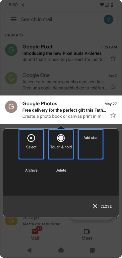 Switch Access menu showing actions available for an email. The available actions are select, touch and hold, add star, archive and delete.