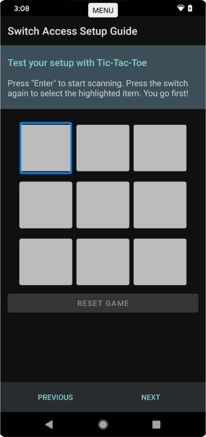 A tic tac toe game is used as an interactive way for users to test their setup.