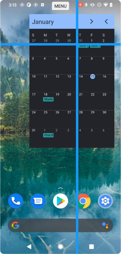 Two blue lines indicate an x y coordinates in a screen to select a day in a calendar widget.