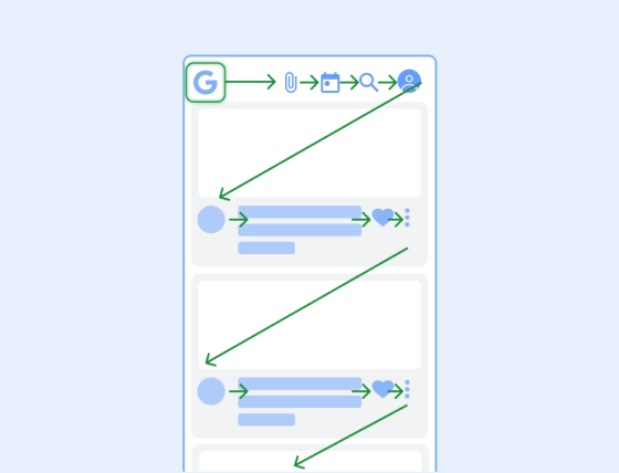 A 12 step linear navigation sequence going over interactive elements of a user interface with a top app bar and a list of cards. 