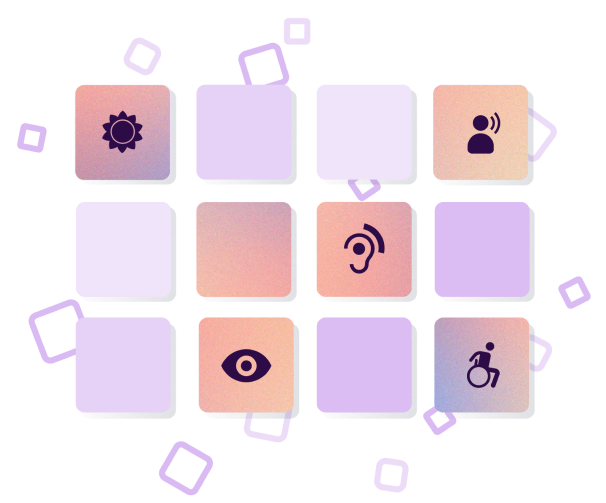 Illustration of symbols representing the different types of disabilities, with grape and salmonberry colors