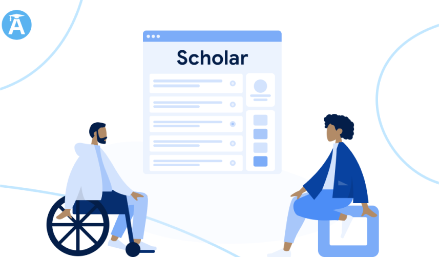 One person
     sitting in a wheelchair, one person sitting on a cube with a screen between
     them that says Scholar with a checklist.
