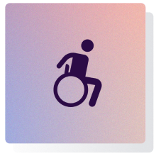 Image of a person using a wheelchair over a gradient square, representing motor disabilities